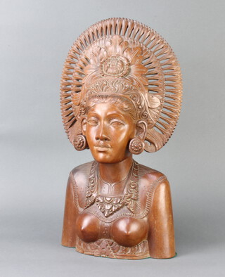 A Bali carved hardwood head and shoulders portrait bust of a lady 49cm x 23cm x 13cm  