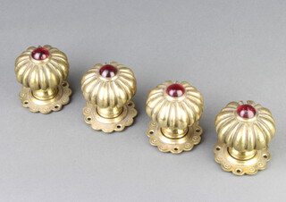 Four Victorian gilt metal door knobs set cabochon cut red stones 6cm x 5.5cm 