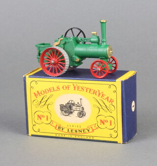 Lesney Models of Yesteryear Y-1-1 Allchin Traction Engine, light gold smoke plate, unpainted angled treads with riveted axles, type B box
