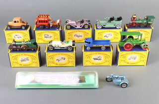 Lesney Models of Yesteryear Triumph T110 Motorcycle unboxed, a Lesney chrome Coronation coach unboxed, a Y15-1-1 1907 Rolls Royce Silver Ghost type C box (biro price on box),  a Y7-2 1913 Mercer Roundabout, box type C, a Y13-1 1892 American General Class Locomotive, box type B, (biro price on box), a Y12-1 1899 Liptons Tea Horse Drawn Bus, box type B, a Y11-1-2 120 Aveling & Porter Steam Roller, box type b (biro price on box), a Y14-1-1 Duke of Connaught Locomotive, box type b (biro price on box), a Y-8-3A 1926 Morris Cowley Bullnose, box type b ( biro price on box ), a Y4-1-3 1928 Sentinel Steam Wagon, type B box (biro price on box), a Y10-1-3 1908 Grand prix Mercedes type B box (biro price on box)
