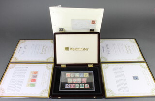 A Westminster Mint set of 4 Victorian unused Great British stamps 1884-1910, an Edward VII penny trial stamp, a Victorian 1887 Jubilee definitive set of stamps contained in a plastic case  and a Victorian penny red stamp envelope, all with certificates 