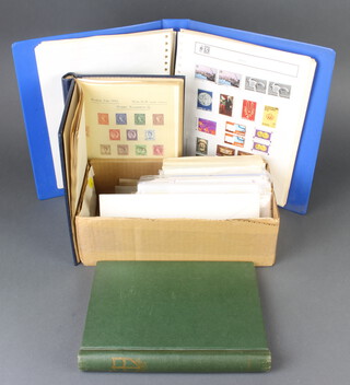 A blue album of GB stamps Victoria to Elizabeth II, a green album of mint and used Commonwealth stamps - New Zealand and America, 2 ring bind albums of world stamps - America, Kenya, Iraq, Iran, GB and a collection of Elizabeth II presentation stamps 
 