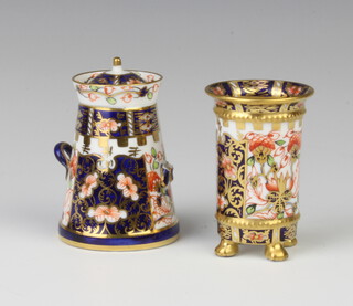 A Royal Crown Derby Imari pattern cylindrical vase on pad feet 6cm together with ditto milk churn 7cm  