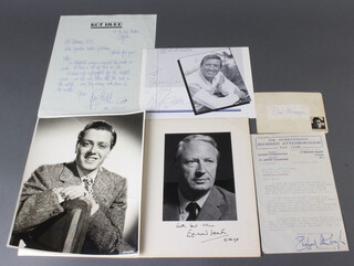 Richard Attenborough, a signed black and white photograph 25cm x 19cm inscribed - Good Luck Eric, Richard Attenborough, together with an International Richard Attenborough Fan Club typed and signed letter, 1 other Attenborough signature, a black and white signed photograph of Sir Edward Heath 15cm x 11cm together with a typed and signed letter, Roy Hudd a handwritten letter c/o The New Theatre Oxford and a Roy Castle signature 
