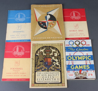 A programme for the 1948 London Olympics together with 5 other 1948 Olympic programmes - Basketball, Athletics, Swimming, Hockey and Football, a 1951 Festival of Britain programme and a 1953 Coronation programme