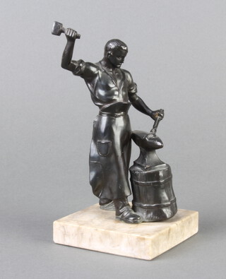 A 19th Century spelter figure of a standing blacksmith at an anvil, raised on a marble base 13cm x 7cm x 7cm 