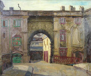 After W R Sickert, oil on board, unsigned, label en verso, "Entrance to Old Stable Yard, Bath" collection I A R Wilson 47cm x 58cm 