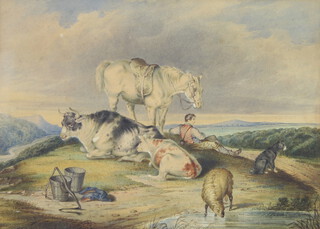 19th Century watercolour, indistinctly signed, a gentleman with horse and animals in an extensive landscape 24cm x 34cm 