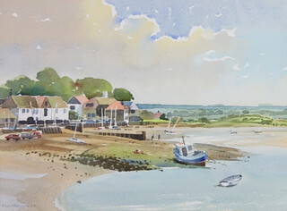 E Wilkinson '90, watercolour, inlet scene with boats 27cm x 46cm 