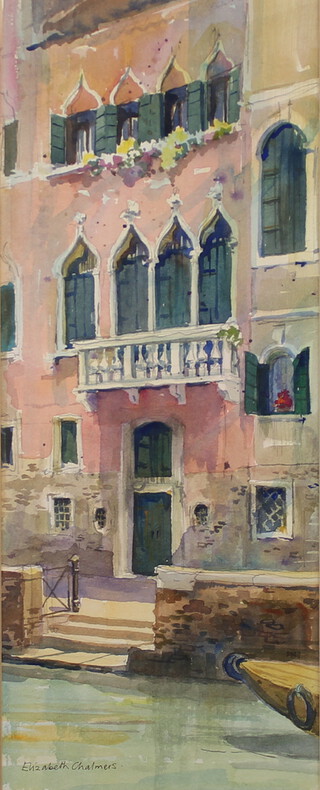 Elizabeth Chalmers, watercolour signed, pink house with green shutters Venice, 45cm x 18cm 
