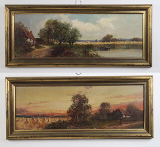 Edwardian oils on board a pair, indistinctly signed, one dated 1911,  riverscape with distant village and country lane with a figure  18cm x 54cm 