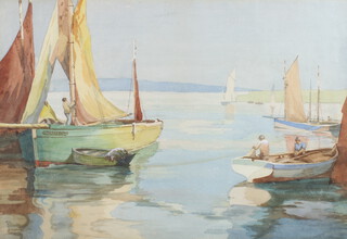 T J Boys, 194?, watercolour signed, moored fishing boats 38cm x 54cm 