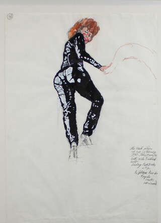 John Randall Bratby R.A. (1928-1992), mixed media inscribed The Black Plastic Catsuit 28th February 1990, John Bratby RA with wide buckle belt, Darling Patti Bratby or Pip, 8 Golden Rue de Royale Courts, 58cm x 42cm 