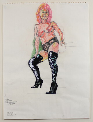 John Randell Bratby (1928-1992) mixed media, inscribed 29th February '90, John Bratby RA "The High Black Leather Boots from Zeitgeist, The Pirelle Calender Girl" 56cm x 42cm 