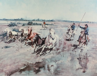 Terrence T Cuneo (1907-1996), limited edition coloured print signed in pencil 113/500 "Camargue Round-Up" 53cm x 65cm 
