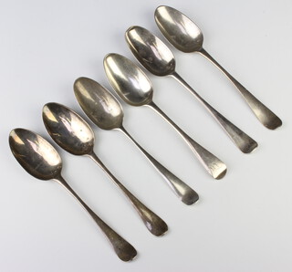 Six Georgian silver table spoons indistinctly marked, 354 grams