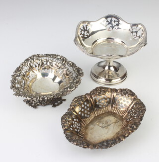 A Victorian repousse and pierced silver heart shaped dish, London 1894, an oval ditto and a tazza, 177 grams