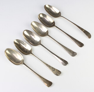 Six early Georgian silver table spoons with rubbed marks, 354 grams