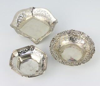 A silver square dish with pierced decoration Birmingham 1946, 2 others, 159 grams 