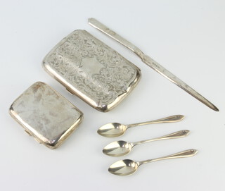 An Edwardian silver cigarette case Birmingham 1908, ditto cigar case (af), paper knife and 3 silver spoons 238 grams