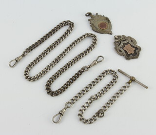 Two silver Alberts and fobs, 92 grams