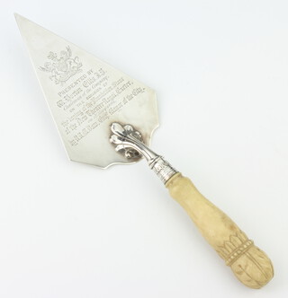 A Victorian silver presentation trowel with ivory handle and presentation inscription, London 1884, 219 grams gross,31cm 