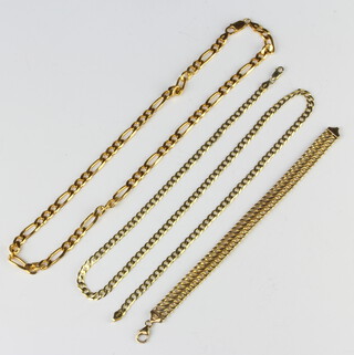 A silver gilt bracelet and 2 necklaces, 57 grams