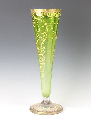 A 19th Century Bohemian gilt decorated green glass tapered vase 46cm h 
