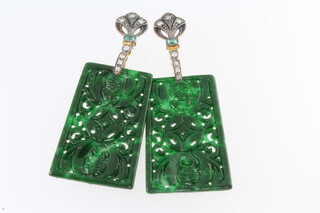 A pair of silver gilt carved jade, diamond and emerald drop earrings 