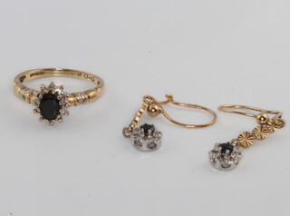 A 9ct yellow gold sapphire and diamond ring size L and a pair of similar earrings 3.9 grams 