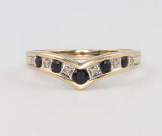 A 9ct yellow gold sapphire and diamond wishbone ring size T, 2.4 grams 