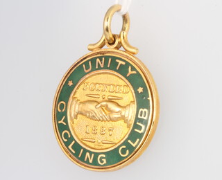 A 9ct yellow gold enamelled cycling fob - Unity Cycling Club founded 1887, 9.7 grams