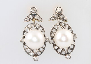 A pair of silver gilt cultured pearl and diamond earrings 0.8ct 
