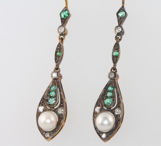 A pair of silver gilt Edwardian style cultured pearl, emerald and diamond earrings 