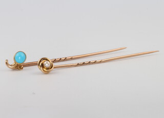 Two 9ct yellow gold tie pins -  turquoise and seed pearl 