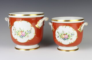 A Portuguese jardiniere, the orange ground decorated with a panel of spring flowers 16cm, a smaller ditto 14cm, retailed by Thomas Goode and Co