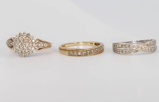 Three 9ct yellow gold diamond rings size N, L and P, 7.1 grams