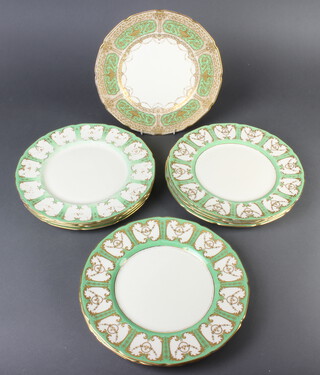 Eleven Royal Doulton dinner plates with green and gilt borders together with a similar ditto 