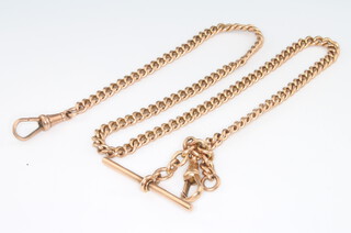 A 9ct rose gold Albert with T-bar and 2 clasps, all the same makers, 41cm, 29.5 grams