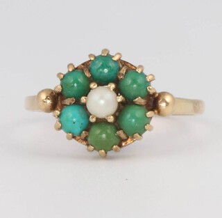 A 9ct yellow gold turquoise and seed pearl ring size M, 2.8 grams