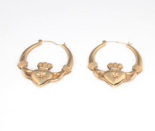 A pair of 9ct yellow gold Claddagh hollow earrings 2.7 grams 