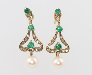 A pair of 9ct yellow gold emerald and pearl earrings 1.9 grams 