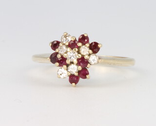 A 9ct yellow gold ruby and diamond cluster ring size M 1/2, 2.3 grams