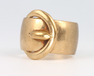 A 9ct yellow gold wide buckle ring size Q, 9.9 grams