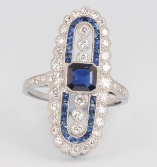 A platinum Art Deco style sapphire and diamond up finger ring, size M 