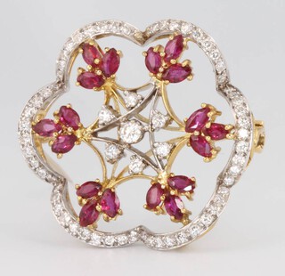 A yellow gold ruby and diamond floral open brooch, 32mm 