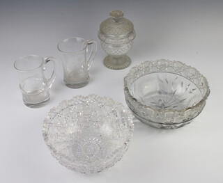 Two 1937 engraved glass commemorative mugs 13cm, a lidded jar and cover and 2 fruit bowls 