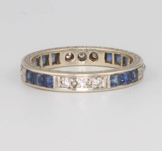 A 9ct white gold sapphire and diamond eternity ring size M 1/2, 3 grams 