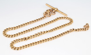 A 9ct yellow gold Albert with a T-bar and clasp, 36 grams, 42cm 