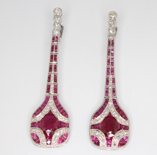 A pair of Art Deco style platinum, ruby and diamond drop earrings, 58mm 